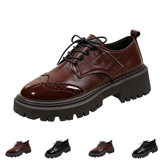 Womens Vintage Oxford Shoes Platform Lace-up Round Toe Patent Leather Brogues Casual Oxfords for Girls Ladies Women