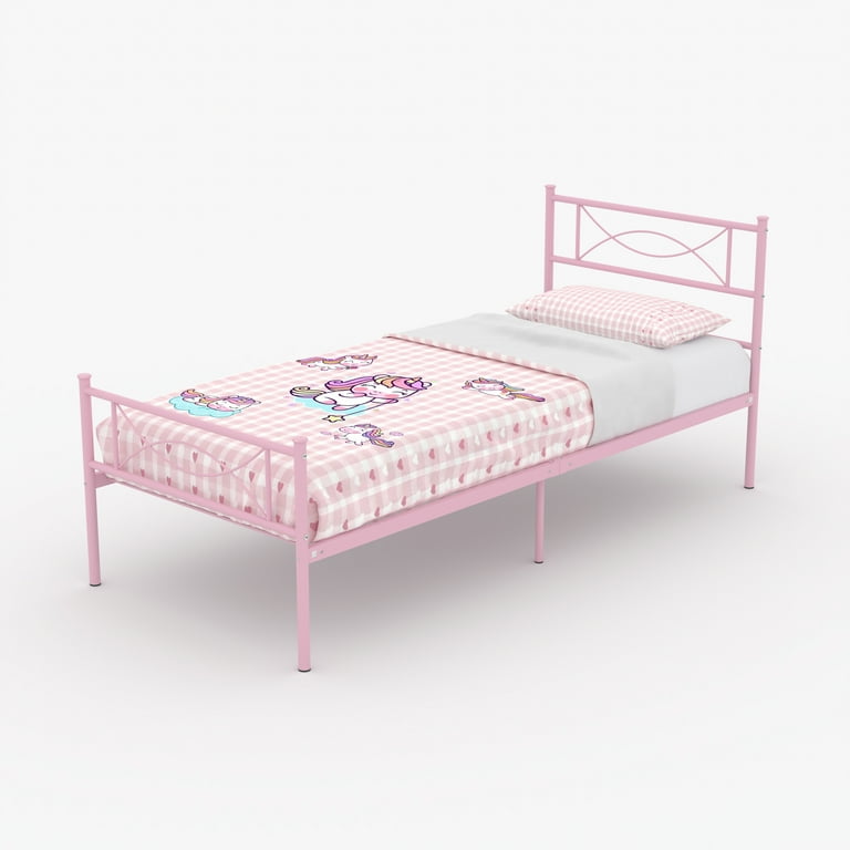 Yoneston Twin Metal Platform Bed Frame for Girls Single Bed Frame Mattress Foundation with Headboard & Footboard for Kids, Teens, Pink Yoneston Twin Metal Platform Bed Frame for Girls Single Bed Frame Mattress Foundation with Headboard & Footboard for Kids, Teens, Pink