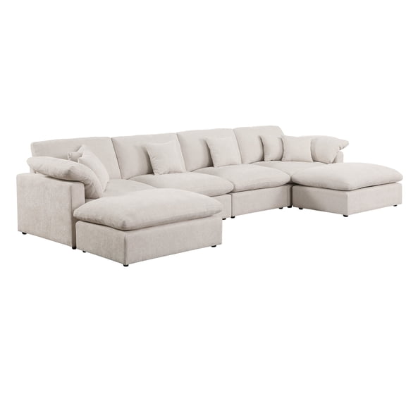 U-Shaped Sectional Sofa 6-Piece Cloud Modular Couch with Double Chaise Beige Chenille