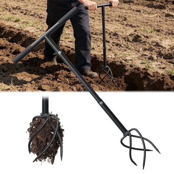 FLY HAWK Hand Tiller & Cultivator with 4 Curved Claws for Gardening Weeding Garden Box, 34in Garden Tool, Black