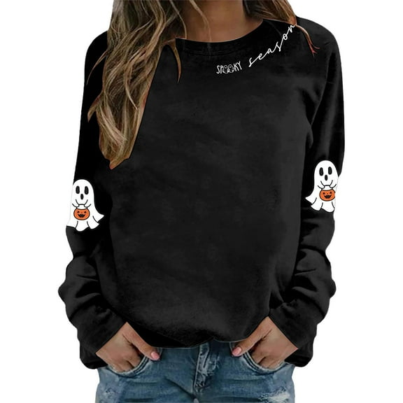 XIAONU Sweatshirts For Womens Halloween Cute Ghost Long Sleeve Printed Tops Pleasure Baggy Crewneck Pullover Sweatshirt