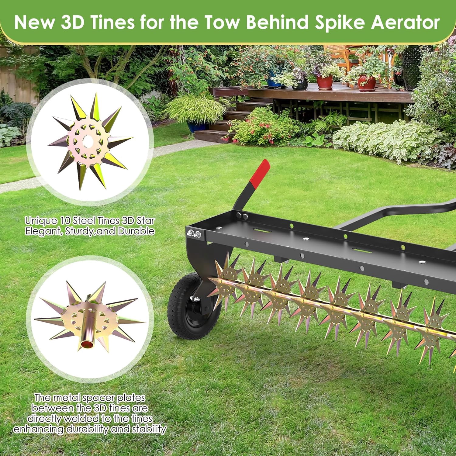 DKMOCO 40" Tow Behind Spike Aerator, Heavy Duty Rolling Lawn Aerator with 3D Steel Tines & Weight Tray and Folding Shovel for Lawn Garden Farm