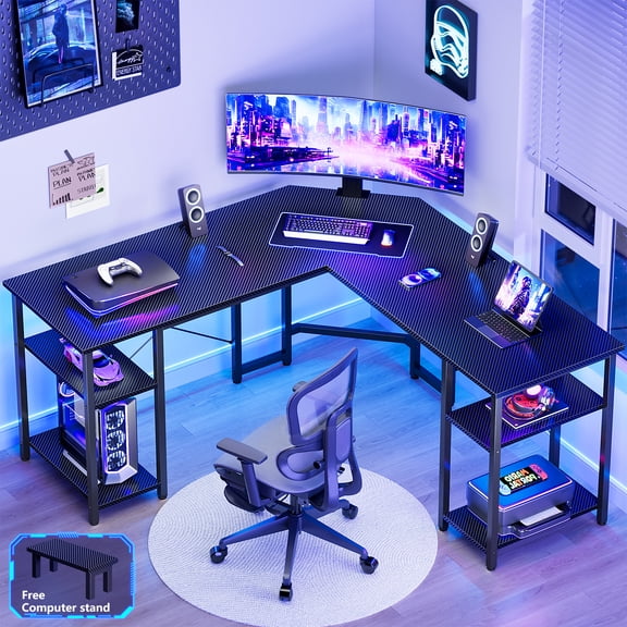 GUNAITO 61 Inch L Shaped Desk with Storage Selfs,Corner Gaming Desk,Computer Desk L Shaped,Carbon Fiber Black