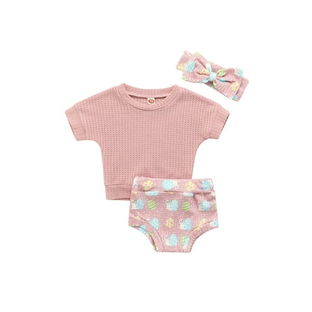 

aturustex 0-24 Months Newborn Baby Girls Clothes Easter Sets 3pcs Rabbit Short Sleeve T-Shirts Top Shorts Headband Outfit