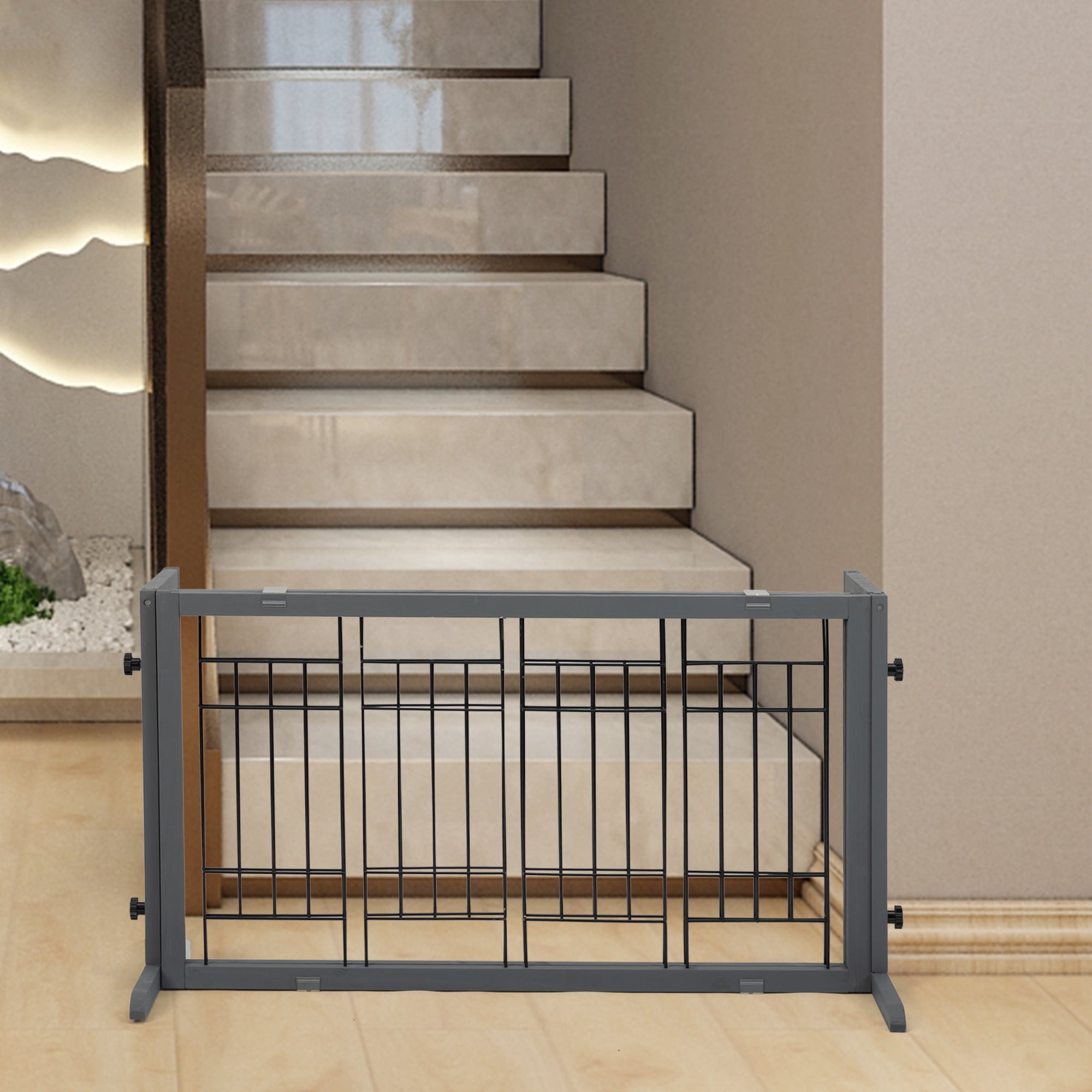 Coziwow Freestanding Wood Pet Gate, 38"-71" Sturdy Solid Wood Dog Gate for The House, Doorway, Stairs, Pet Puppy Safety Fence, Grey