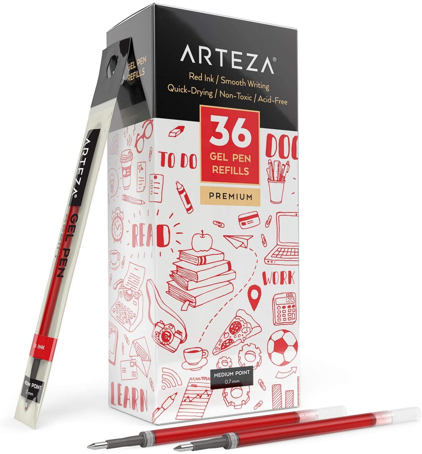 Arteza Gel Ink Pen Refills, Red Doodle, Draw, Journal 36 Pack