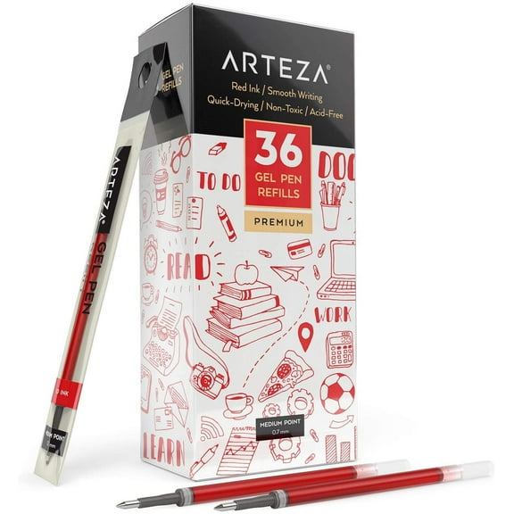 Arteza Gel Ink Pen Refills, Red - Doodle, Draw, Journal - 36 Pack