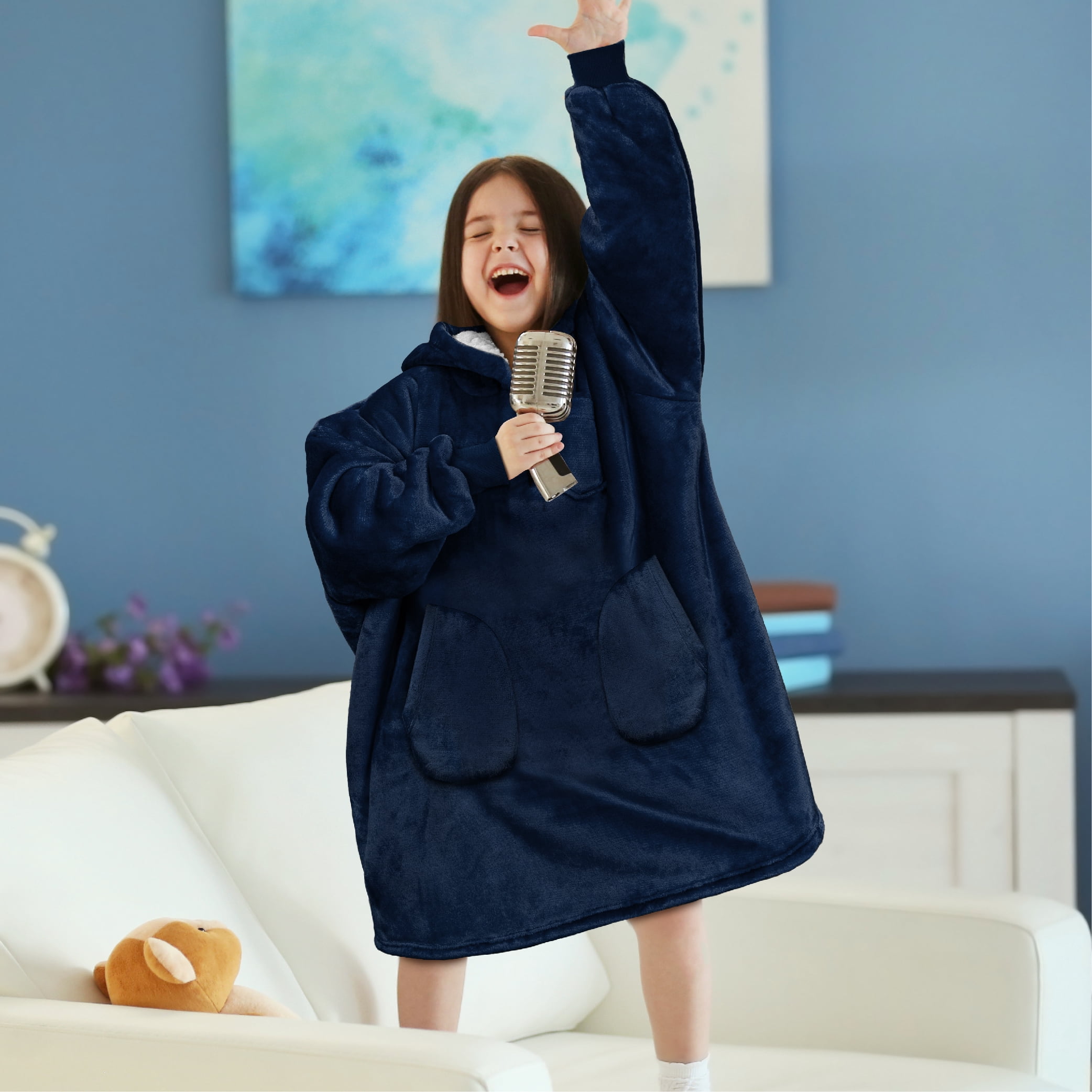 PAVILIA Wearable Blanket Sweatshirt for Kids Boy Girl, Warm Cozy Giant Hoodie with Two Pockets and Long Sleeves, Fleece Sherpa Oversized Hooded Blanket Pullover Gift for Teens Youths, Navy