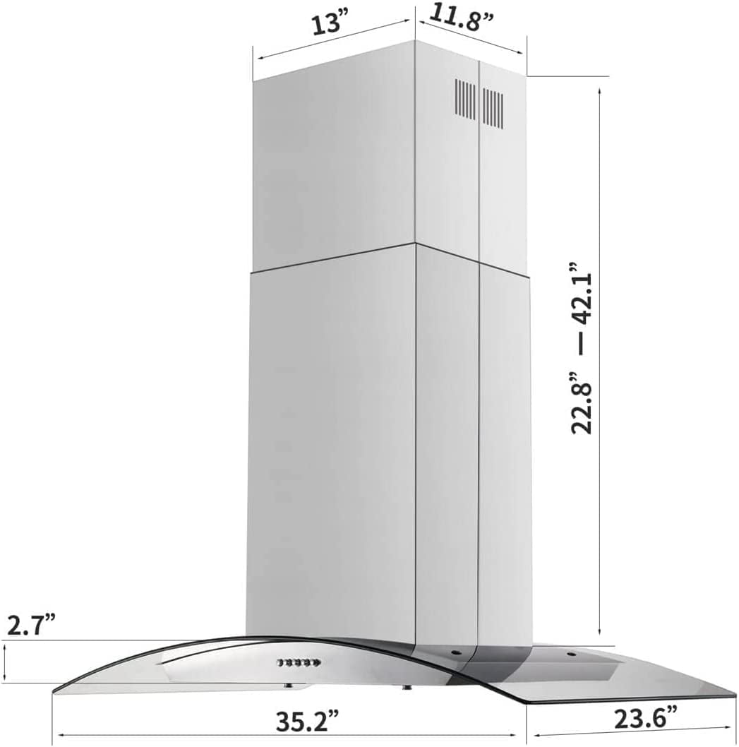 36 inch Island Range Hood 900 CFM Ceiling Mount Kitchen Vent Hood Ducted/Ductless Convertible 4 LED Lights 5-Layer Filters Extractor Stove Exhaust Fan, Curved Tempered Glass Stainless Steel