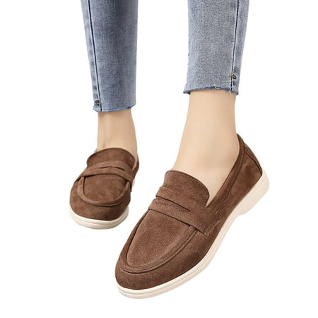

Lovskoo 2024 Flats Loafers Comfortable Loafers For Women Round Toe Faux Suede Slip-On Moccasins Shoes Classic Casual Driving Penny Loafers Brown