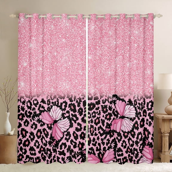 jejeloiu Cartoon Cheetah Pattern Black Out Curtains,Chic Glitter Print Curtains Pack of 2 (42x63 Each),Pink Leopard Print Bedroom Curtains For Girls Teens,Breathable Home Decor
