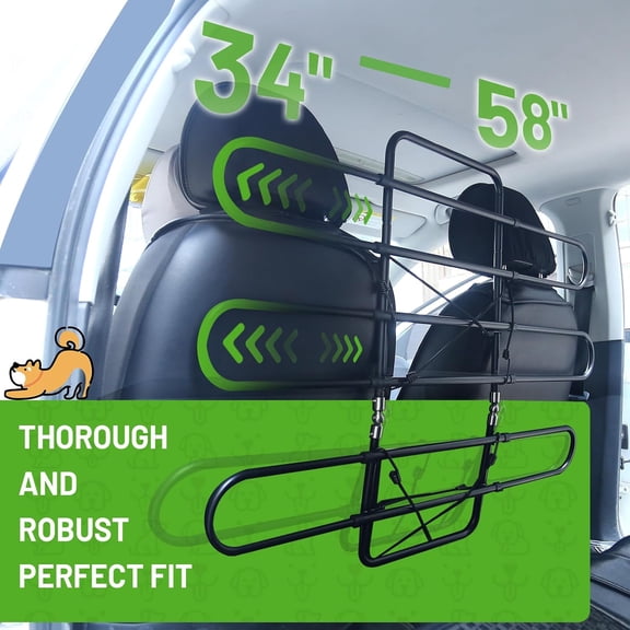 Heavy Duty Adjustable Metal Dog Barrier for  SUVs Trucks -  Pet Gate Vehicle Divider with Elastic Ropes, Easy Install 34-58 Inch Width
