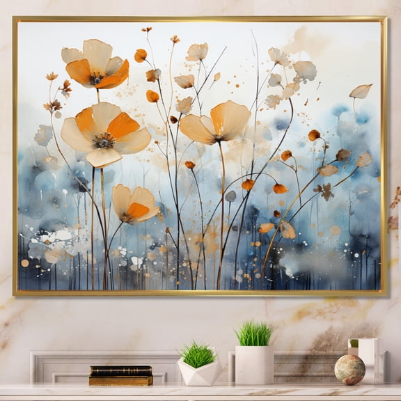 Designart "Orange Blue Muted botanics II" Abstract Botanicals Floater Framed Wall Art Print