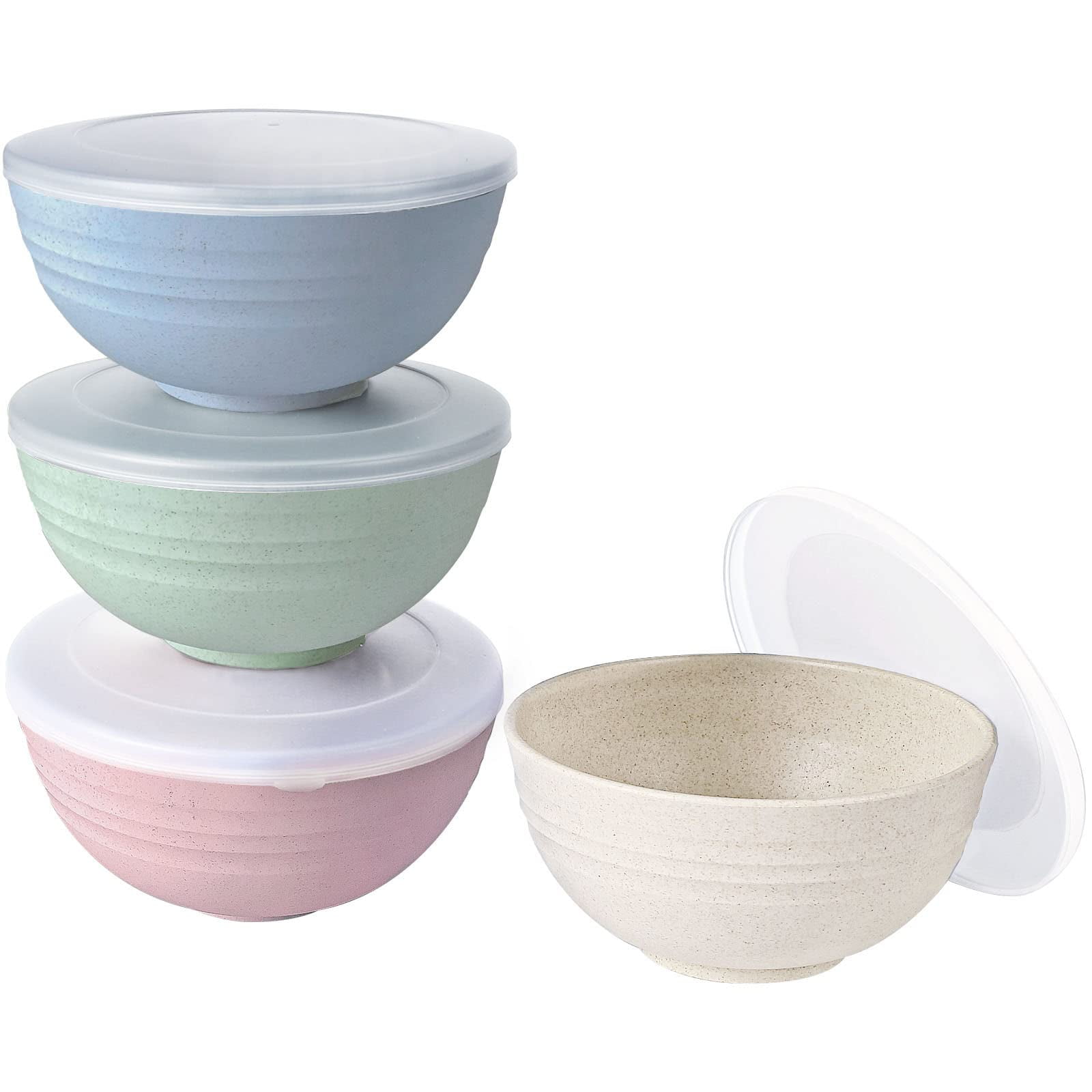 Loobuu Wheat Plastic Cereal Bowls with Lid, Resuable Bowls for Kitchen
