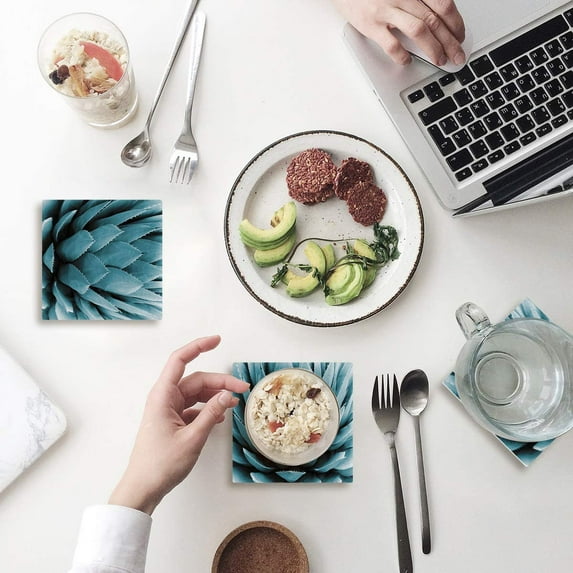 FMSHPON Natural Plant Green Agave Tequila Set of 4 Coaster for Drinks, Absorbent Ceramic Stone Coasters Cup Mat with Cork Base for Home Kitchen Room Coffee Table Bar Decor