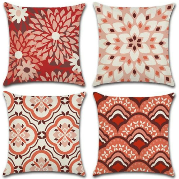 Set of 4 Pillow Covers 18x18, Multicolor Flower Petals Pattern Style, Cotton Linen Fabric Decorative Indoor / Outdoor Throw Pillow Case Set 45x45cm