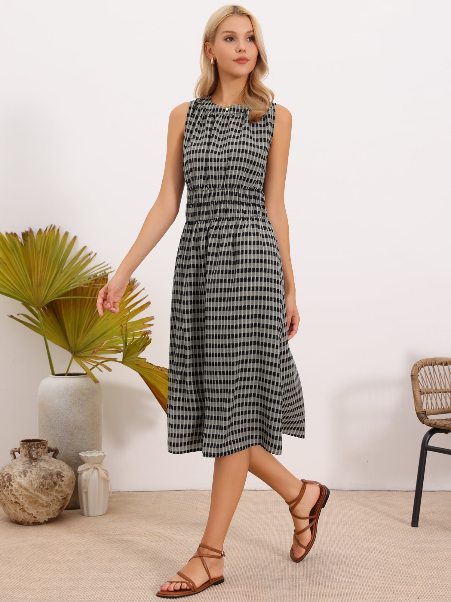 DARING DIVA Women's Sleeveless Plaid Crew Neck Smocked Waist Casual Midi Dress XL Black