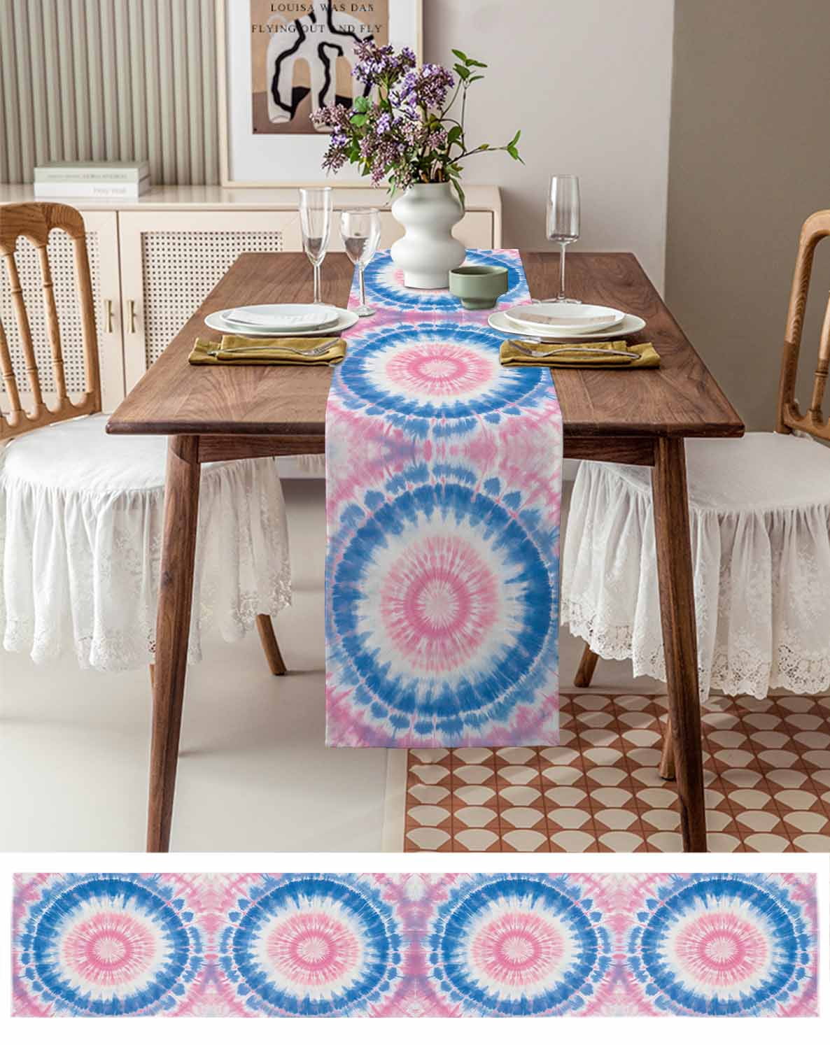 Boanket Pink Blue Ombre Table Runner - 72 Inch Long, Kitchen Dining Table Runner Dresser Scarves, Modern Boho Ethnic Tie Dye Geometric Farmhouse Decor for Coffee Tables Wedding Party Banquet