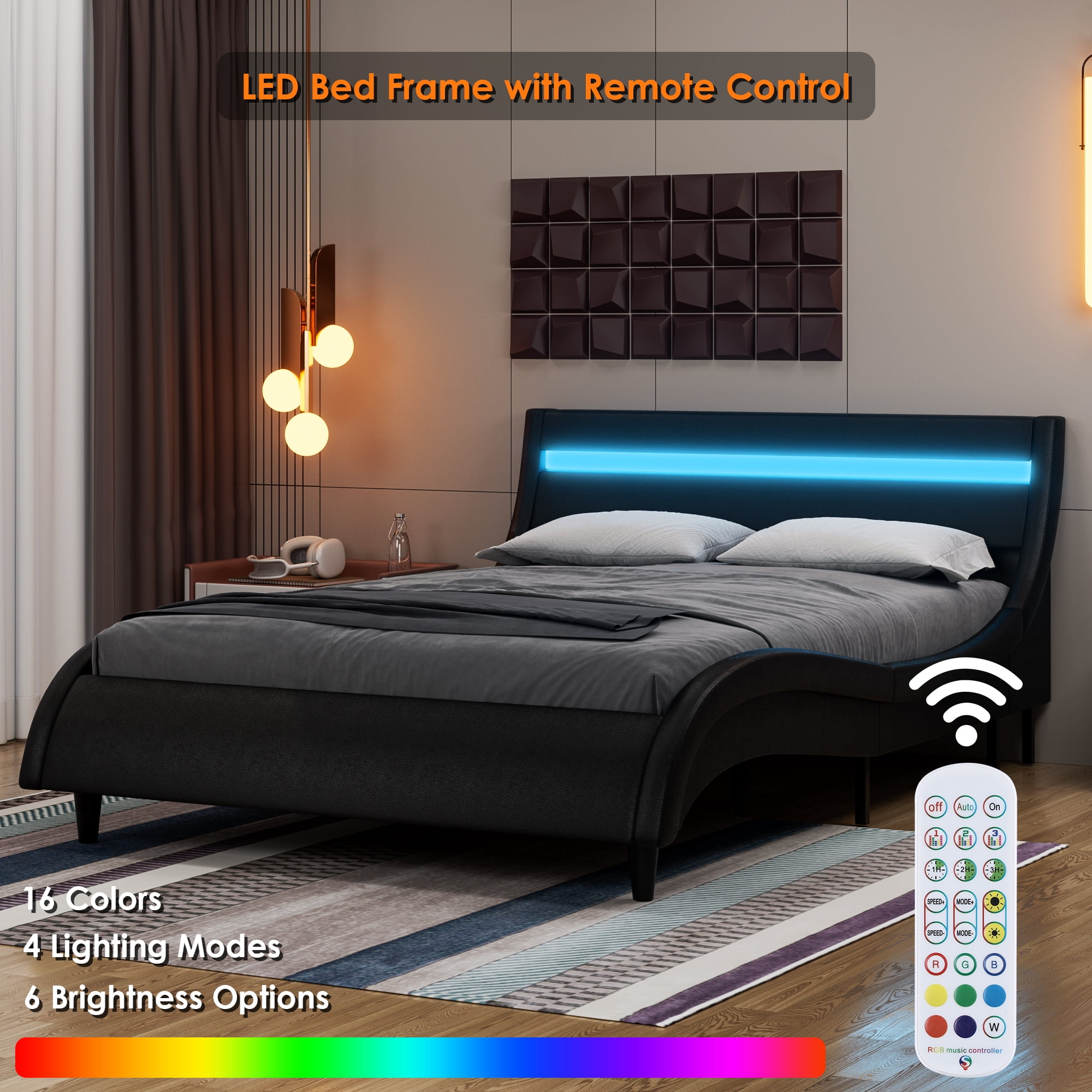 Homfa Full LED 16 Colors LED Lights Platform Bed Frame with Adjustable Upholstered Headboard, Black - Walmart.com