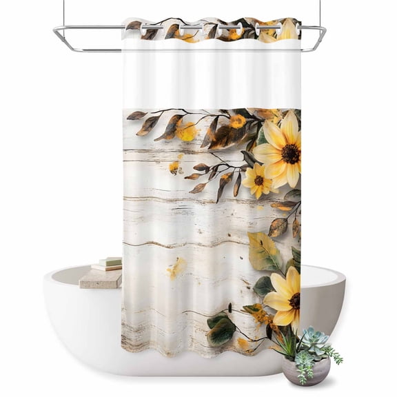 No Hook Shower Curtain for Bathroom, Yellow Floral Spring Waterproof Hotel Quality Shower Curtains, Vintage Summer Botanical Single Layer & Mesh Top Washable Fabric Bath Curtain Decor 36''x72''