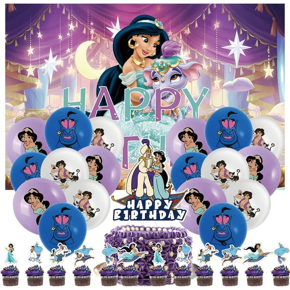 32 Pcs For Aladdin Cartoon Theme Birthday Party Supplies Party Favor Set,With 5*3ft Birthday Backdrop Decorations,18 Balloons,13 Cupcake Toppers,All-in-One Party Supply Set