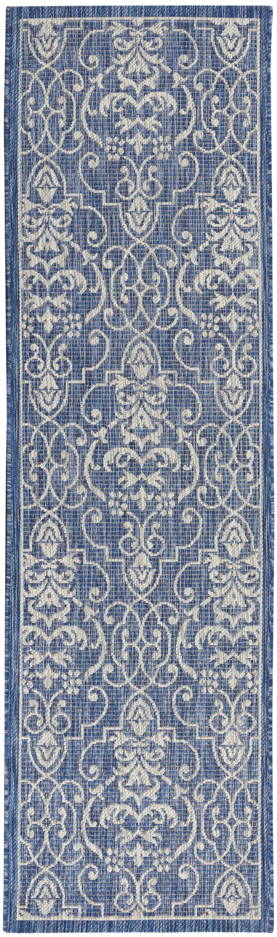 Nourison Garden Party Indoor/Outdoor Transitional Damask Denim 2'2" x 7'6" Area Rug, (8' Runner)