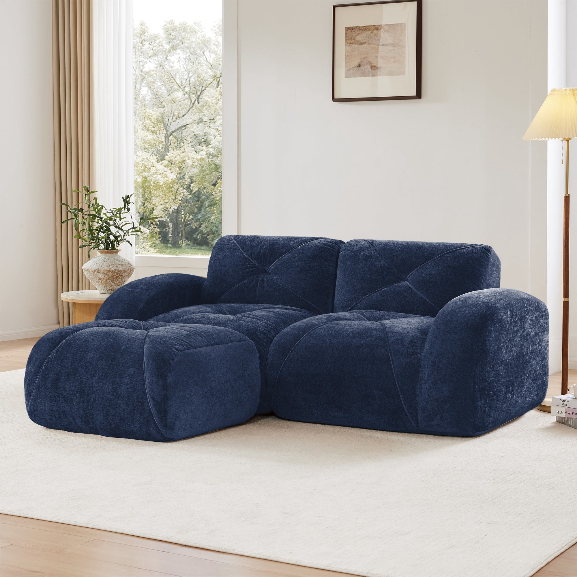 L-Shaped Boneless Sofa, Soft Velvet Fabric, Tufted Design, 32D High Density Sponge, No Assembly Required, Ergonomic Design Bottom, Anti-Slip Design, Movable Ottoman for Bedrooms (Blue)