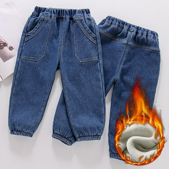 HAOTAGS Mid Waist Denim Pans for Teens Lightweight Wide Leg Trousers Straight with Pockets Boy's Streetwear Blue 4 Years