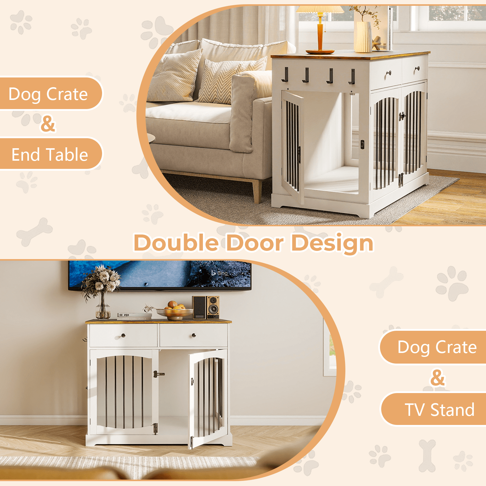 Flictozena 40 Inch Dog Crate Furniture - House Style Wooden Pet Kennel End Table with 2 Doors & Storage Drawers for Indoor Large Dogs, White