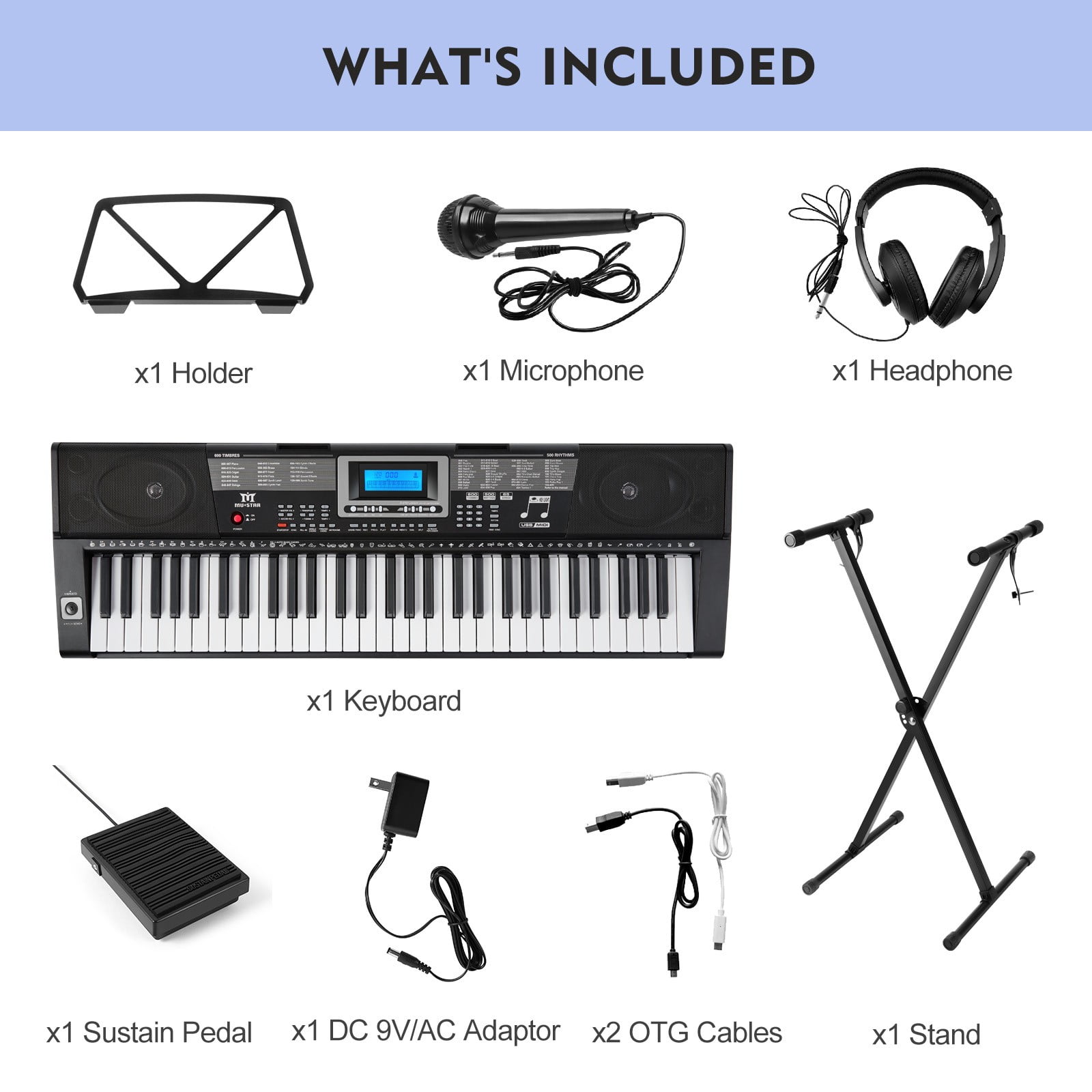Mustar 61 Lighted Keys Electronic Keyboard Piano Set with USB MIDI, Headphones, Microphone, Sustain Pedal, Stand for Beginner