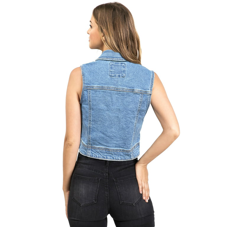 Wax Jean Women's Juniors Classic Cropped Denim Vest (Medium Denim, M)