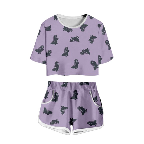 MEZZALL Child Breathable Boys Girls Dinosaur Print Outfit Sets Summer Lightweight Cozy Kids Short Sleeve T-Shirts With Shorts Everyday Wear O-Neck Leisure Daily Clothing Sets