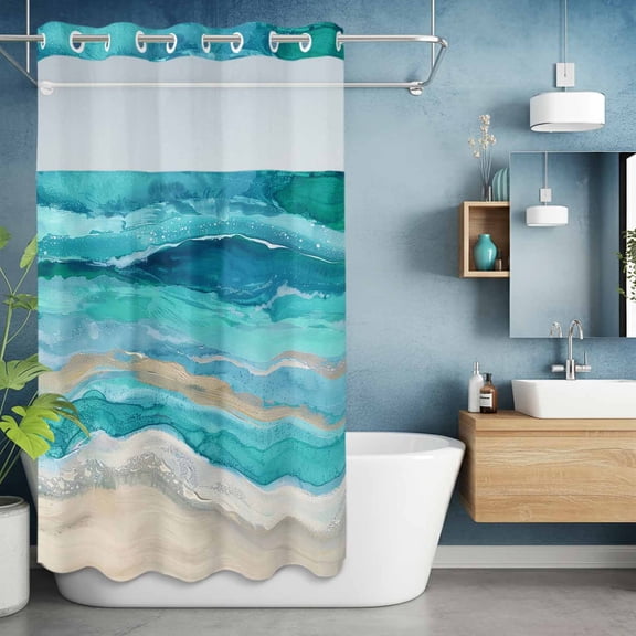 No Hook Shower Curtain with Snap in Liner, Marine Coastal Wave Turquoise Ombre Waterproof Fabric Bathroom Curtain Mesh Top Window, Abstract Ocean Sea Shore Shower Curtains 36x72in