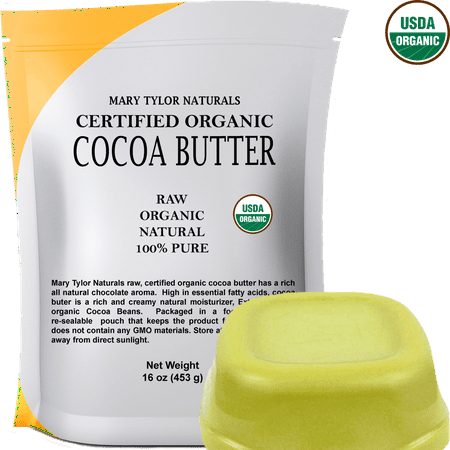 USDA Certified Organic Cocoa Butter, Large 1 lb Bar by Mary Tylor Naturals Raw Unrefined, Non-Deodorized, Rich In Antioxidants Great For DIY Recipes, Lip Balms, Lotions, Creams, Stretch