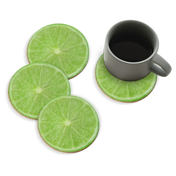 Coasters for Drinks Bar Beer,Set of 4 ,Round Wooden Housewarming Gift,Bright Green Sliced Lime