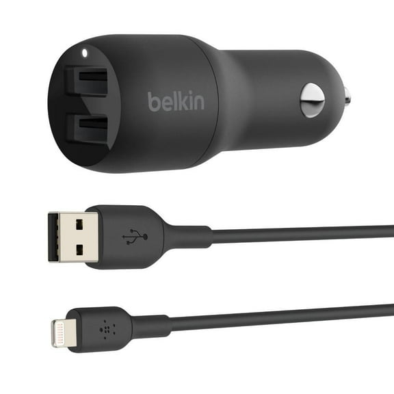 Belkin 24 Watt Dual USB Car Charger - 2 12W USB A Ports with Lightning Cable - Fast Charging Apple iPhone 14, 14 Pro, 14 Pro Max, iPhone 13, 13 Pro Max, Samsung Galaxy, AirPods & More - USB-C Charger