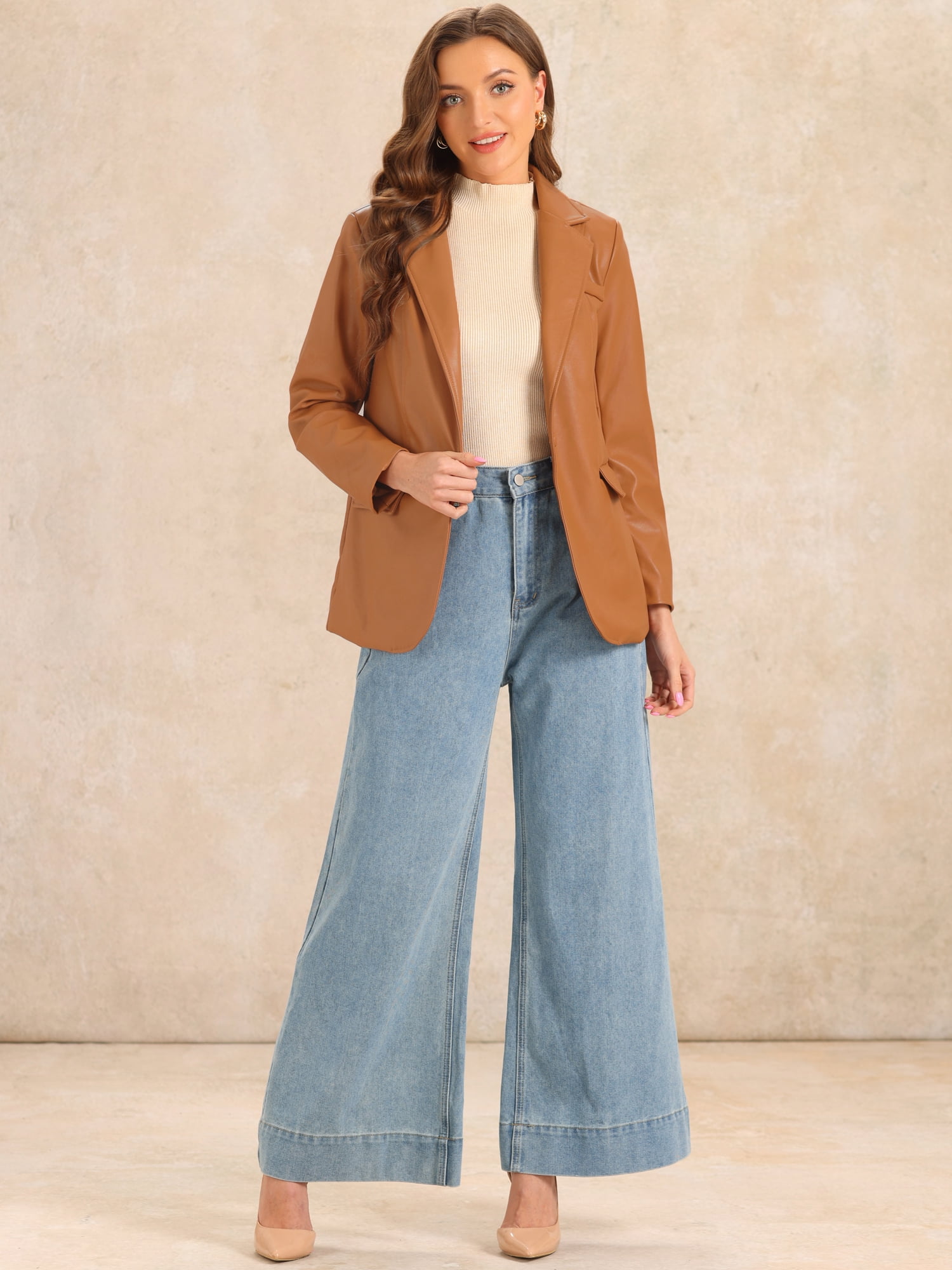 DARING DIVA Women's Faux Leather Jacket Lapel Collar PU Biker Moto Casual Oversized Blazer XS Caramel