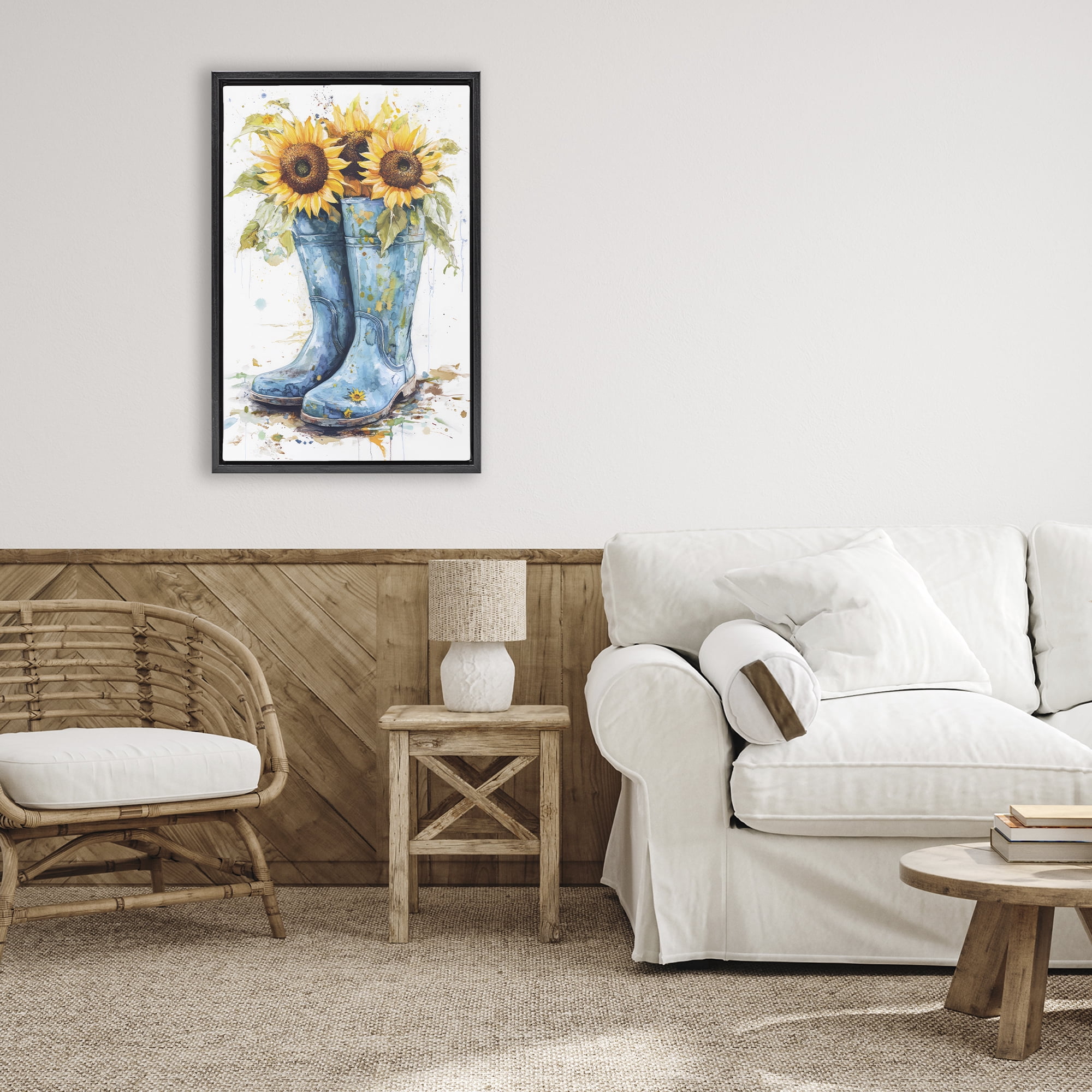 Stupell Industries Blue Rain Boots & Sunflowers Black Framed Floater Canvas Wall Art, design by Tina LeCour