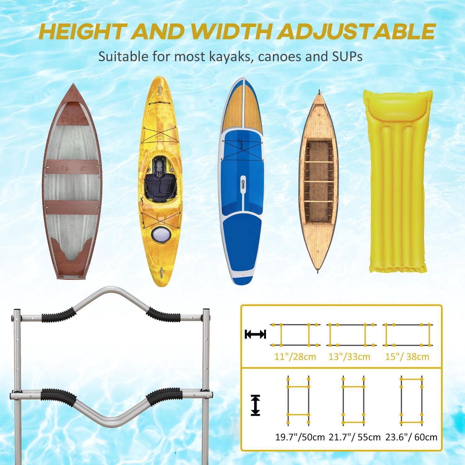 Soozier Chariot pour kayak avec cadre en aluminium, réglable en hauteur et en largeur