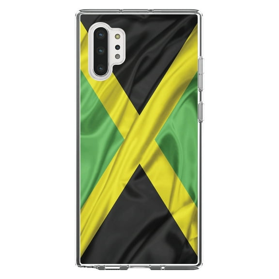 DistinctInk Clear Shockproof Hybrid Case for Galaxy Note 10 PLUS (6.8" Screen) - TPU Bumper, Acrylic Back, Tempered Glass Screen Protector - Jamaica Waving Flag Black Green Yellow - Jamaica