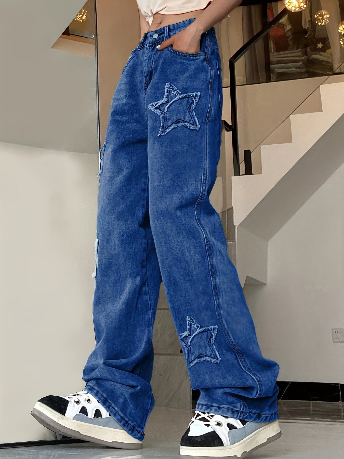 Blue Star Shape Patchwork Straight Jeans Loose Fit Slant