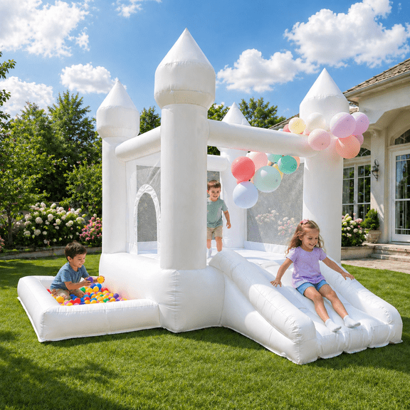 Connsann Inflatable Bounce House with Slide and Ball Pit for Toddlers, 9x9FT, White