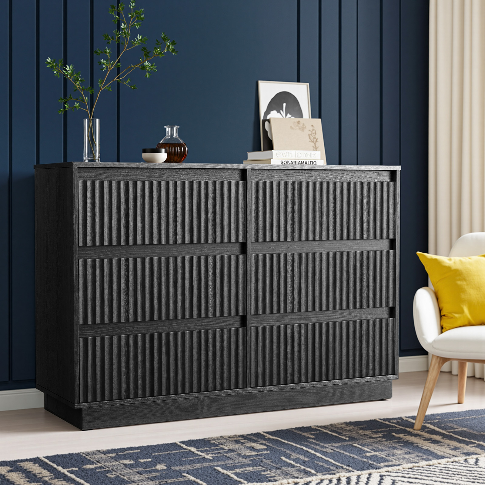 UPGO Wood Dresser, 6 Drawer Dresser for Bedroom, Modern Chest of Drawers with Deep Drawers Waterproof Living Room, Hallway, Entryway,Black