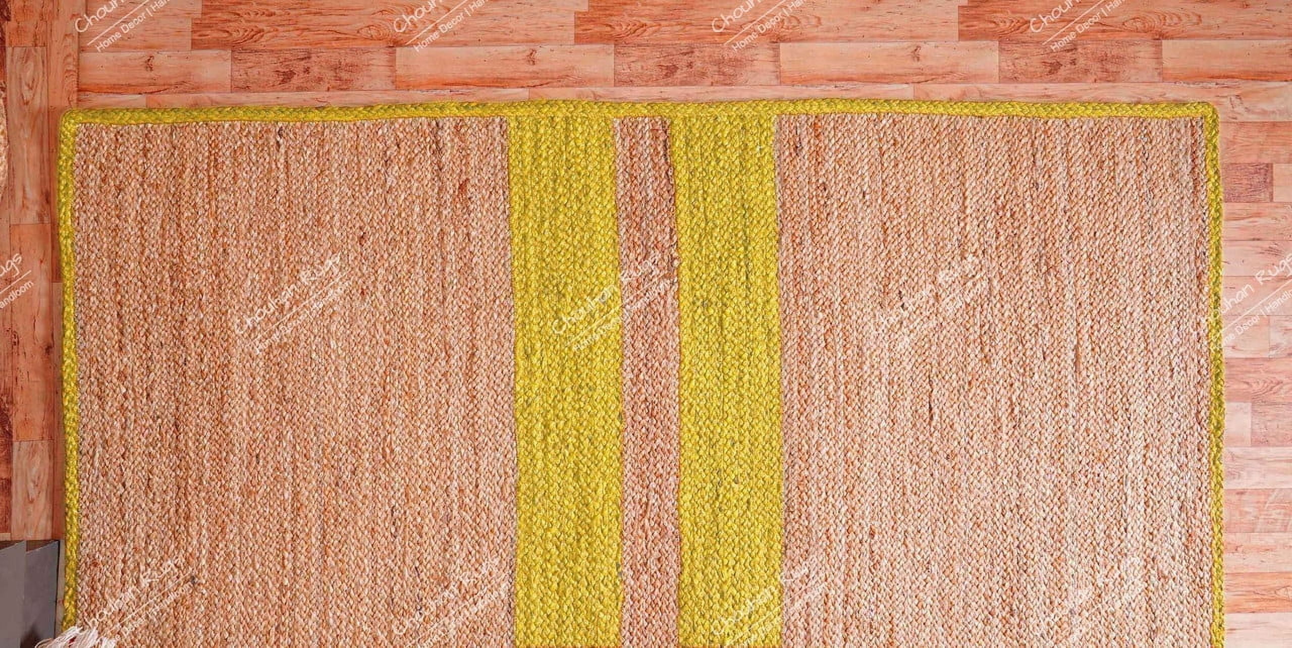 Chouhan Rugs Natural Jute Yellow Lined Rug Bohemian Rug Decor Rug Handwoven Rug Custom Rug Decorative Rug