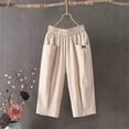 thumbnail image 2 of JIANJIA Linen Pants Women Summer Solid Color Elastic High Waist Wide Leg Loose Casual Pockets Wide Leg Trousers Holiday Wear,Beige,1对应M, 2 of 5