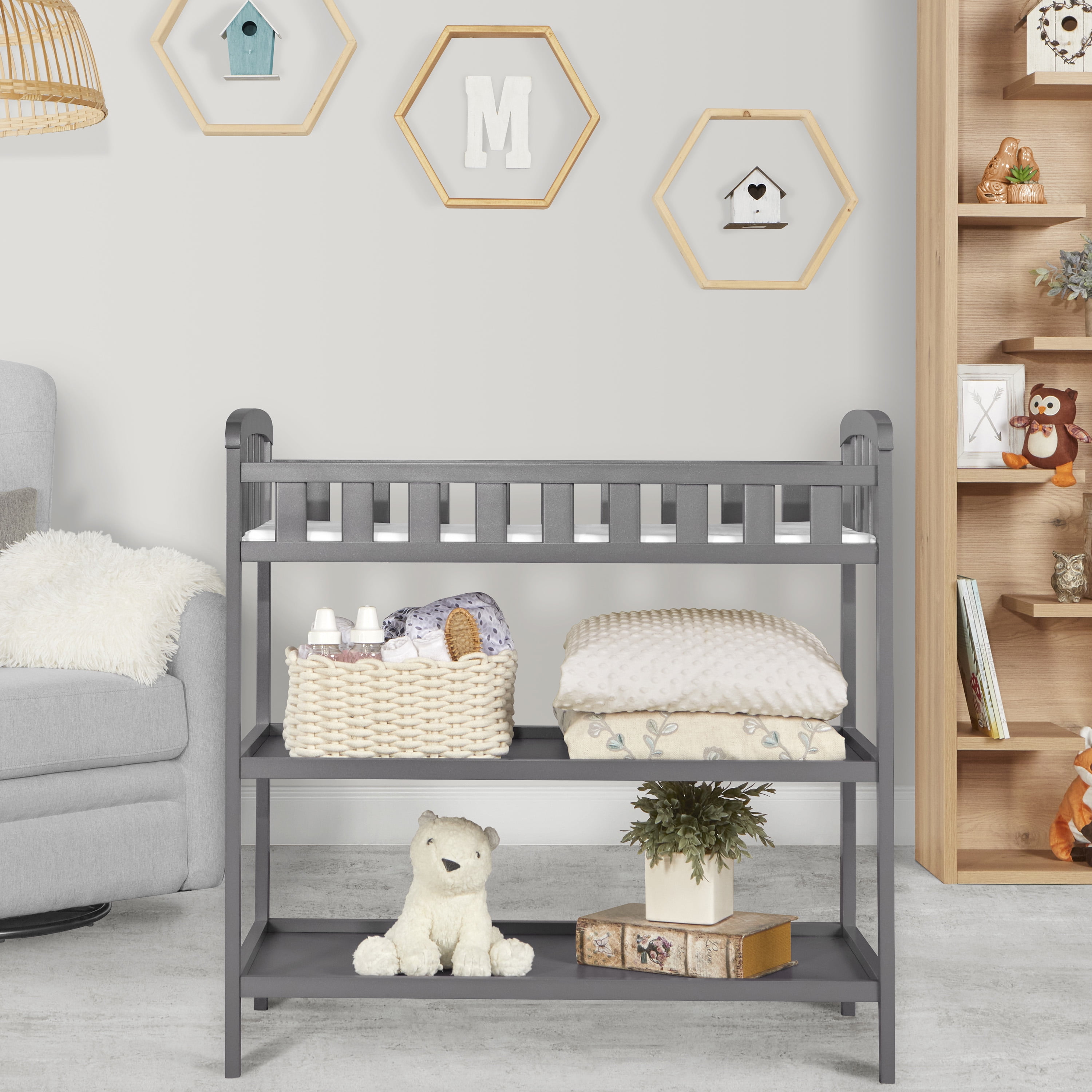 Nursery Bundle Dream On Me Violet Convertible Lifestyle Crib, Dream On Me Ashton Changing table, with a Dream On Me Honeycomb Orthopedic Firm Fiber Standard Crib Mattress in Storm Grey