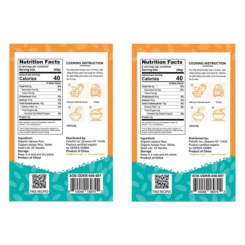 Soeos Organic Dried Konjac Rice 40G*6Pack, 2 Packs, Total of 80g