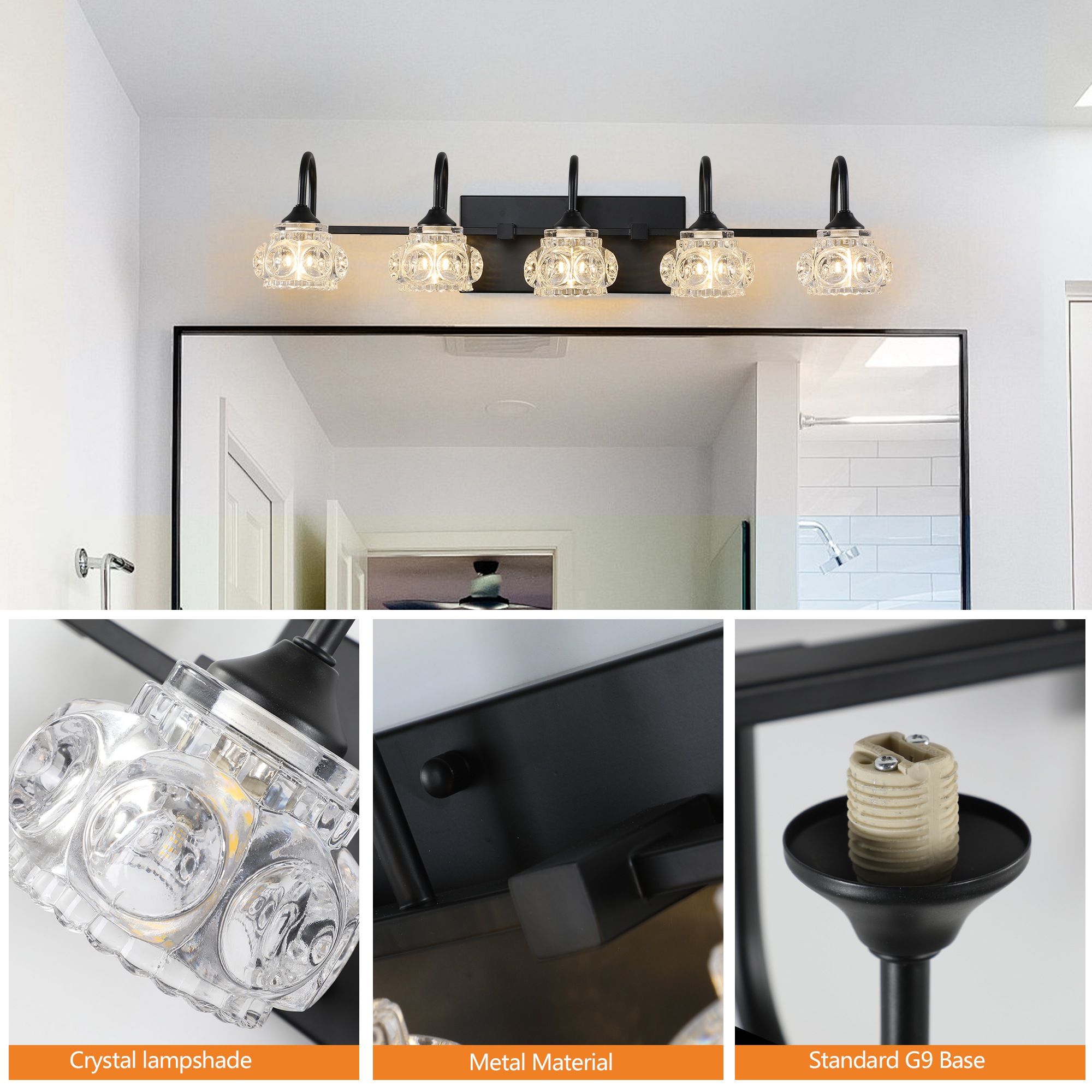 Jopath 29" Modern 5-Ligh Crystal Bathroom Vanity Light, Black Wall Sconce with Clear Glass Shade, Elegant Wall Mount Lighting for Bathroom, Powder Room, or Vanity Mirror (No Bulbs)