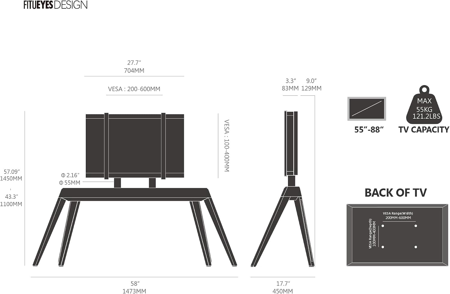 FITUEYES Picasso Series Floor TV Stand for 65–88 inch TVs, Black & Light Wood, Cable Management