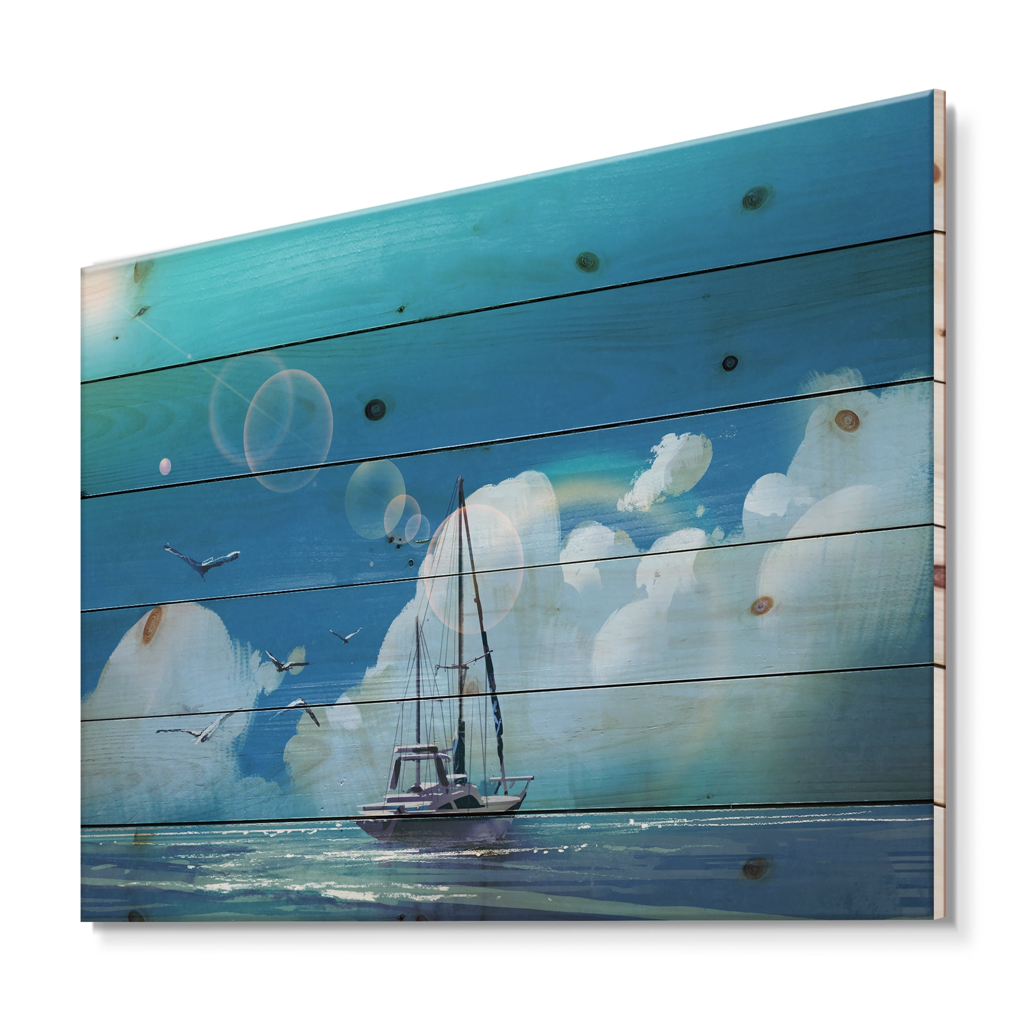 Designart 'The Sailboat On The Blue Sea Against Summer Clouds Sky' Nautical & Coastal Print on Natural Pine Wood